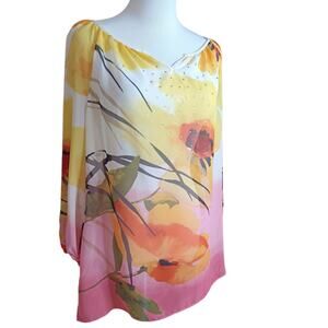 JM COLLECTION Sheer Blouse Top M‎ Floral Bright Colorful Artsy Travel Vacation